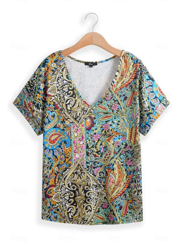 Women's T Shirt Boho Blouse Paisley Print V-Neck Short Sleeve Casual Loose Fit Multicolor Lightweight Summer Top