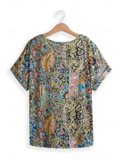 Women's T Shirt Boho Blouse Paisley Print V-Neck Short Sleeve Casual Loose Fit Multicolor Lightweight Summer Top
