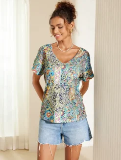 Women's T Shirt Boho Blouse Paisley Print V-Neck Short Sleeve Casual Loose Fit Multicolor Lightweight Summer Top