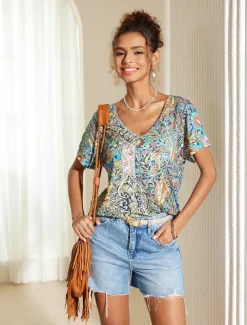 Women's T Shirt Boho Blouse Paisley Print V-Neck Short Sleeve Casual Loose Fit Multicolor Lightweight Summer Top