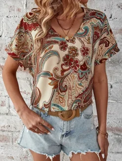 Women's T Shirt Boho Blouse Paisley Print V-Neck Short Sleeve Casual Loose Fit Multicolor Lightweight Summer Top
