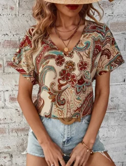 Women's T Shirt Boho Blouse Paisley Print V-Neck Short Sleeve Casual Loose Fit Multicolor Lightweight Summer Top