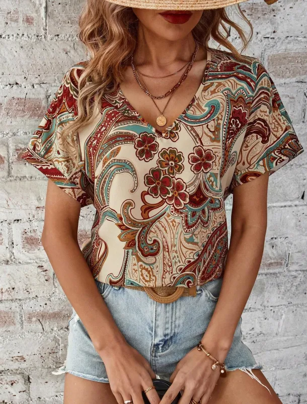 Women's T Shirt Boho Blouse Paisley Print V-Neck Short Sleeve Casual Loose Fit Multicolor Lightweight Summer Top