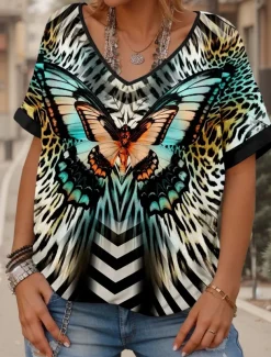 Women's T Shirt Butterfly Casual Short Sleeve V Neck Regular Tops Daily Weekend Print Blue Summer Spring