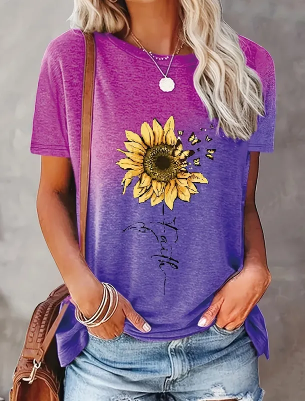 Women's T Shirt Casual Print Short Sleeve Regular Tops Daily Purple Green Gray Summer