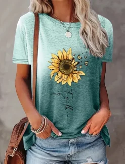 Women's T Shirt Casual Print Short Sleeve Regular Tops Daily Purple Green Gray Summer