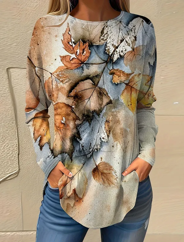 Women's T Shirt Casual Print Long Sleeve Regular Tops Crew Neck Daily Yellow Spring & Fall