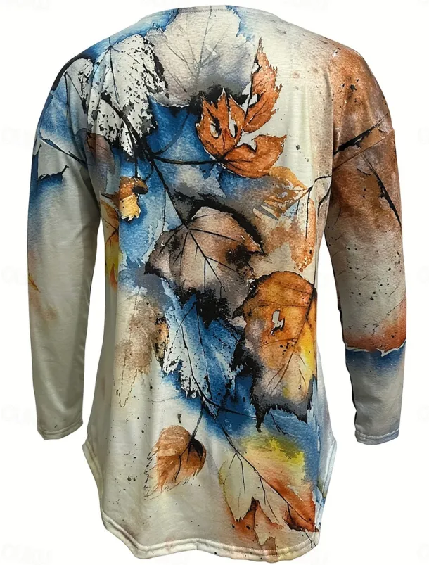 Women's T Shirt Casual Print Long Sleeve Regular Tops Crew Neck Daily Yellow Spring & Fall