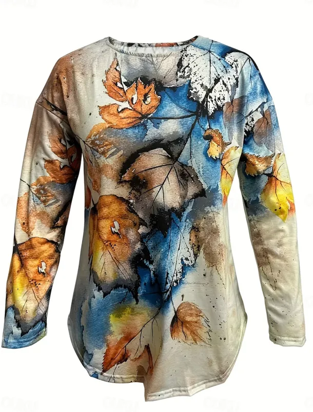 Women's T Shirt Casual Print Long Sleeve Regular Tops Crew Neck Daily Yellow Spring & Fall