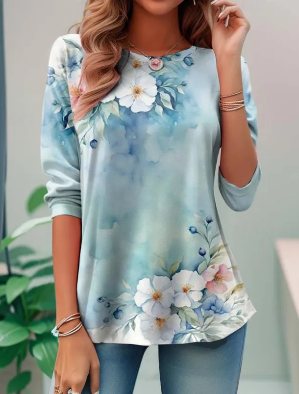 Women's T Shirt Casual Print Regular Tops Daily Blue Sky Blue Spring Fall