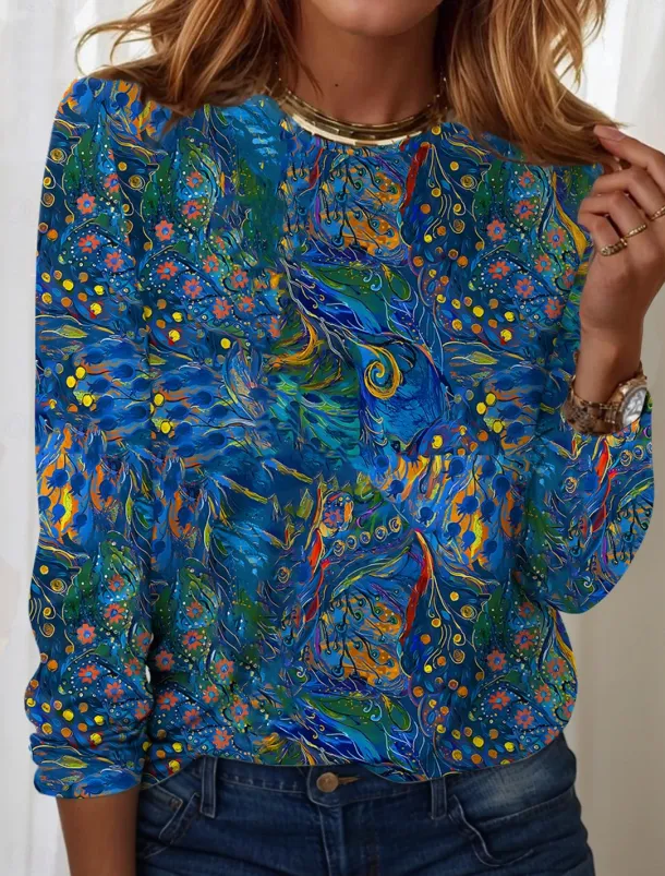 Women's T Shirt Casual Print Regular Tops Daily Blue Sky Blue Spring Fall