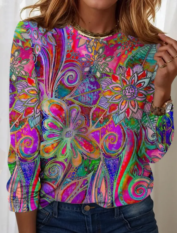 Women's T Shirt Casual Print Regular Tops Daily Blue Sky Blue Spring Fall