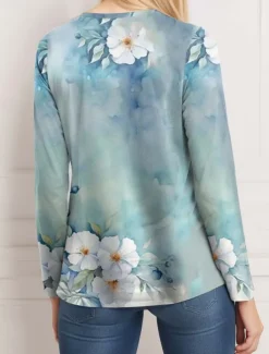 Women's T Shirt Casual Print Regular Tops Daily Blue Sky Blue Spring Fall