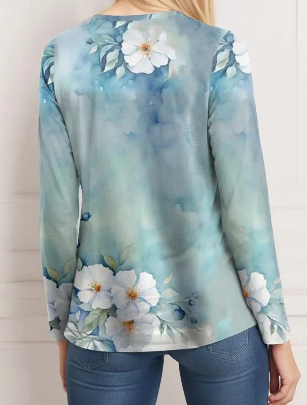 Women's T Shirt Casual Print Regular Tops Daily Blue Sky Blue Spring Fall