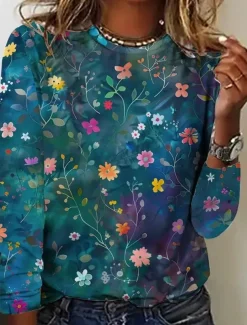 Women's T shirt Crew Neck Long Sleeve Tunic Floral Graphic Casual Regular Tops Daily Print Blue Spring Fall