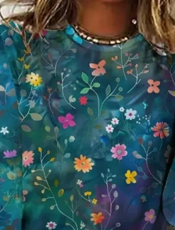 Women's T shirt Crew Neck Long Sleeve Tunic Floral Graphic Casual Regular Tops Daily Print Blue Spring Fall