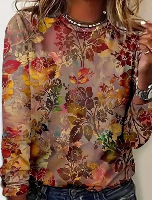 Women's T shirt Crew Neck Long Sleeve Tunic Floral Graphic Casual Regular Tops Daily Print Brown Spring Fall
