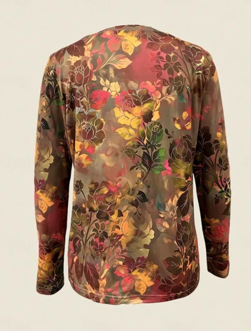 Women's T shirt Crew Neck Long Sleeve Tunic Floral Graphic Casual Regular Tops Daily Print Brown Spring Fall