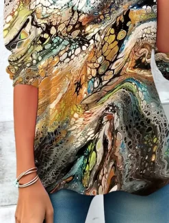 Women's T shirt Crew Neck Long Sleeve Tunic Gradient Texture Elegant Vintage Regular Tops Daily Going out Weekend Print Light Brown