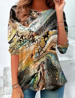 Women's T shirt Crew Neck Long Sleeve Tunic Gradient Texture Elegant Vintage Regular Tops Daily Going out Weekend Print Light Brown