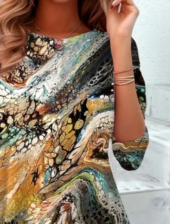 Women's T shirt Crew Neck Long Sleeve Tunic Gradient Texture Elegant Vintage Regular Tops Daily Going out Weekend Print Light Brown