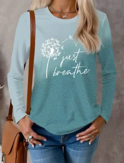 Women's T shirt Crew Neck Long Sleeve Tunic Letter Dandelion Modern Casual Regular Tops Daily Weekend Print Blue Fall Winter