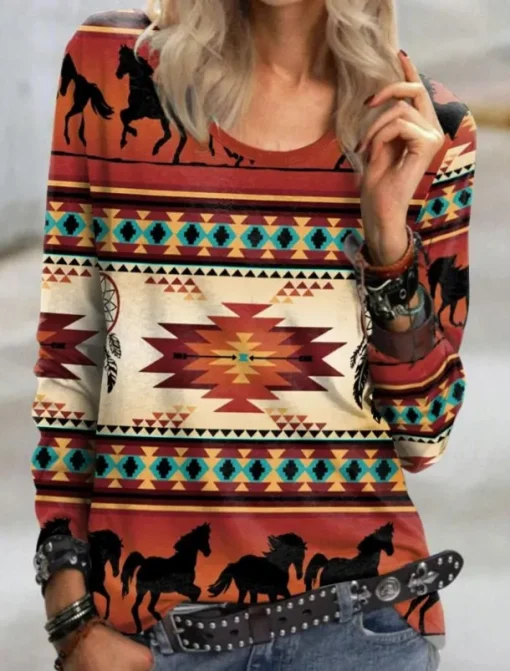 Women's T shirt Crew Neck Long Sleeve Tunic Vintage Modern Casual Regular Tops Daily Weekend Print Black Blue Brown Green Fall Winter