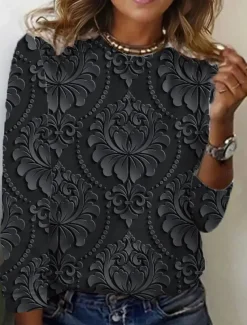 Women's T shirt Crew Neck Long Sleeve Tunic Vintage Modern Casual Regular Tops Daily Weekend Print Black Blue Brown Green Fall Winter
