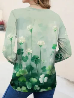 Women's T shirt Crew Neck Long Sleeve Tunic Ombre Floral Elegant Casual Regular Tops Daily Going out Beach Wear Print Light Green