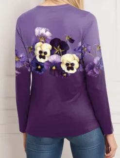 Women's T shirt Crew Neck Long Sleeve Tunic Casual Print Regular Tops Daily Black Blue Purple Rainbow Spring Fall