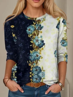 Women's T shirt Crew Neck Long Sleeve Tunic Casual Print Regular Tops Daily Black Blue Purple Rainbow Spring Fall