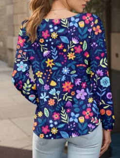 Women's T shirt Crew Neck Long Sleeve Tunic Floral Graphic Plants Vintage Stylish Classic Round Neck Regular Tops Daily Print Red Blue Purple Brown Green Fall
