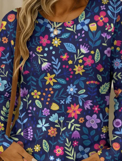 Women's T shirt Crew Neck Long Sleeve Tunic Floral Graphic Plants Vintage Stylish Classic Round Neck Regular Tops Daily Print Red Blue Purple Brown Green Fall