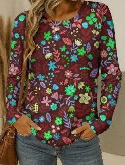 Women's T shirt Crew Neck Long Sleeve Tunic Floral Graphic Plants Vintage Stylish Classic Round Neck Regular Tops Daily Print Red Blue Purple Brown Green Fall