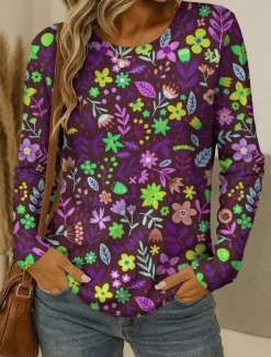 Women's T shirt Crew Neck Long Sleeve Tunic Floral Graphic Plants Vintage Stylish Classic Round Neck Regular Tops Daily Print Red Blue Purple Brown Green Fall