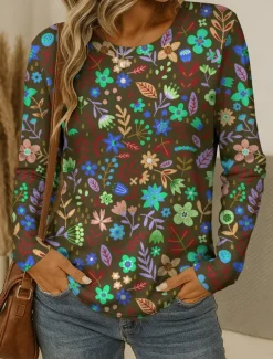 Women's T shirt Crew Neck Long Sleeve Tunic Floral Graphic Plants Vintage Stylish Classic Round Neck Regular Tops Daily Print Red Blue Purple Brown Green Fall