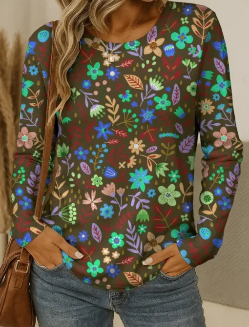 Women's T shirt Crew Neck Long Sleeve Tunic Floral Graphic Plants Vintage Stylish Classic Round Neck Regular Tops Daily Print Red Blue Purple Brown Green Fall