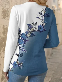 Women's T shirt Crew Neck Long Sleeve Tunic Floral Graphic Casual Regular Tops Daily Print Blue Spring Fall