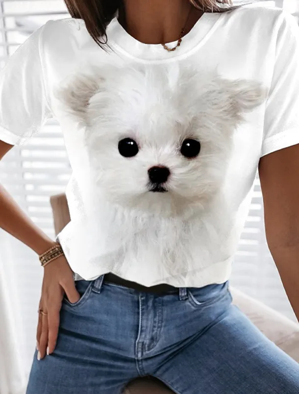 Women's T Shirt Dog Basic Short Sleeve Round Neck Regular Tops Daily Weekend Print Custom Print White Beige Gray