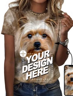 Women's T Shirt Dog Basic Short Sleeve Round Neck Regular Tops Daily Weekend Print Custom Print White Beige Gray