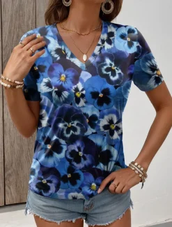 Women's T Shirt Fashion Floral Print Short Sleeve Regular Tops V Neck Daily Navy Blue Blue Purple Summer