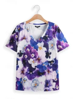 Women's T Shirt Fashion Floral Print Short Sleeve Regular Tops V Neck Daily Navy Blue Blue Purple Summer