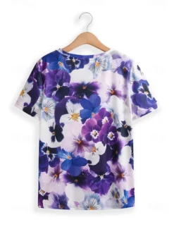 Women's T Shirt Fashion Floral Print Short Sleeve Regular Tops V Neck Daily Navy Blue Blue Purple Summer