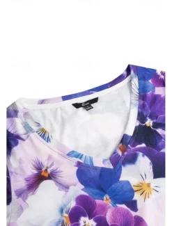 Women's T Shirt Fashion Floral Print Short Sleeve Regular Tops V Neck Daily Navy Blue Blue Purple Summer