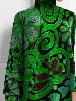 Women's T Shirt Fashion Floral Print Asymmetric Hem Long Sleeve Long Tops High Neck Casual Holiday Red Blue Green Spring & Fall