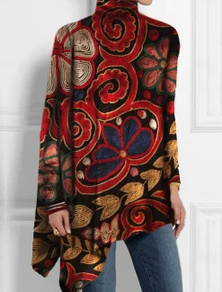Women's T Shirt Fashion Floral Print Asymmetric Hem Long Sleeve Long Tops High Neck Casual Holiday Red Blue Green Spring & Fall