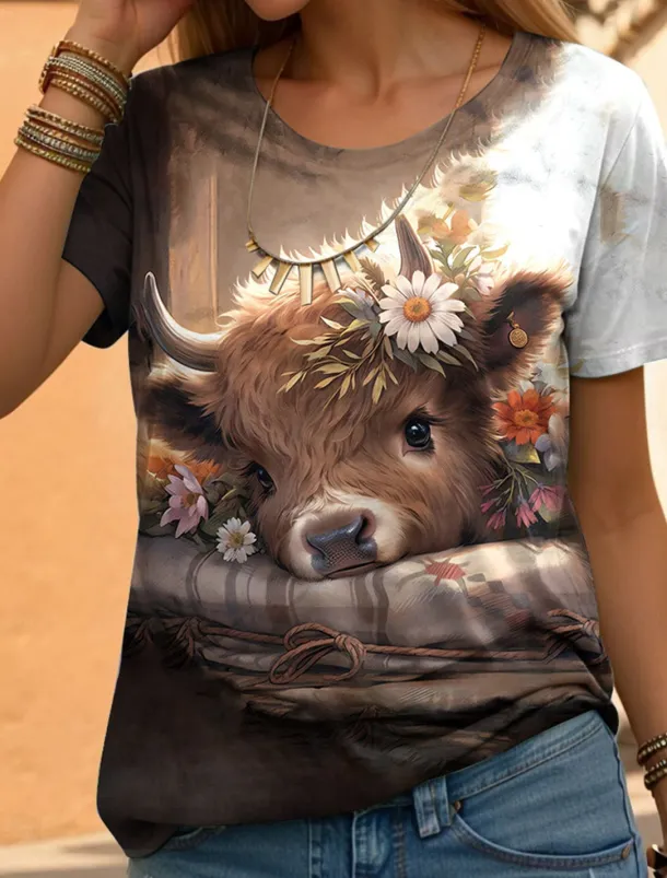 Women's T Shirt Fashion Funny Print Short Sleeve Regular Tops Round Neck Daily Weekend Yellow Blue Purple Orange Brown Summer