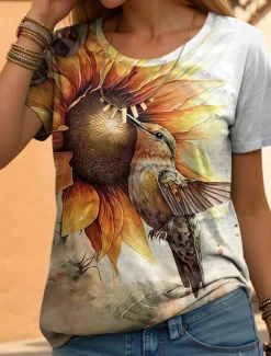 Women's T Shirt Fashion Funny Print Short Sleeve Regular Tops Round Neck Daily Weekend Yellow Blue Purple Orange Brown Summer