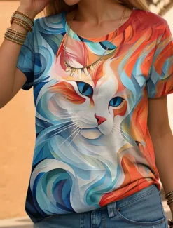 Women's T Shirt Fashion Funny Print Short Sleeve Regular Tops Round Neck Daily Weekend Yellow Blue Purple Orange Brown Summer