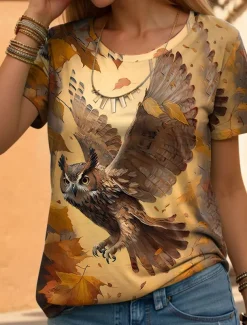 Women's T Shirt Fashion Funny Print Short Sleeve Regular Tops Round Neck Daily Weekend Yellow Blue Purple Orange Brown Summer